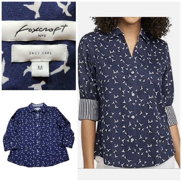 Foxcroft Easy Care Button Front 3/4 Sleeve Blouse Top Womens Medium Blue / Bird - Picture 1 of 10